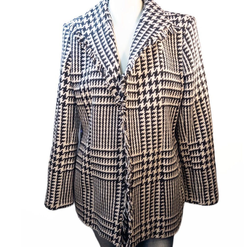 Harve Benard Womens Size Large Coat Black White Houndstooth Wool Blend Fringe